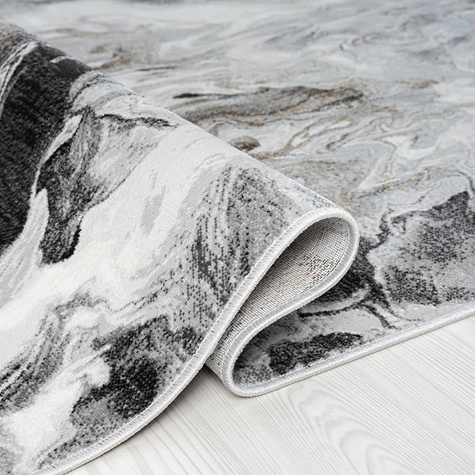 Abani Regal Collection Area Rug - Abstract Grey Black Marble Swirl Design - for Living Room, Bedroom & Office (6' x 9') Washable