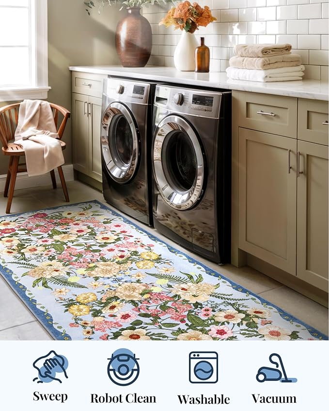 Door Mat Entrance 2x3 Rug - Floral Rugs Washable Small Area Rug Non-Slip Stain Resistant Low Pile Flower Print Throw Rugs for Indoor Entryway, Bedroom, Kitchen, Front Door, Entry - Blue
