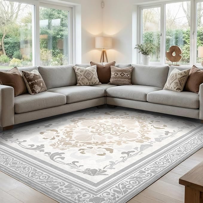 SOULFUL Medium Pile 8x10 Rugs for Living Room - Soft Foot Feel Large Area Rug - Light Taupe Boho Floral - Washable Non-Slip - Perfect for Bedroom Kids Room Under Dining Table Office
