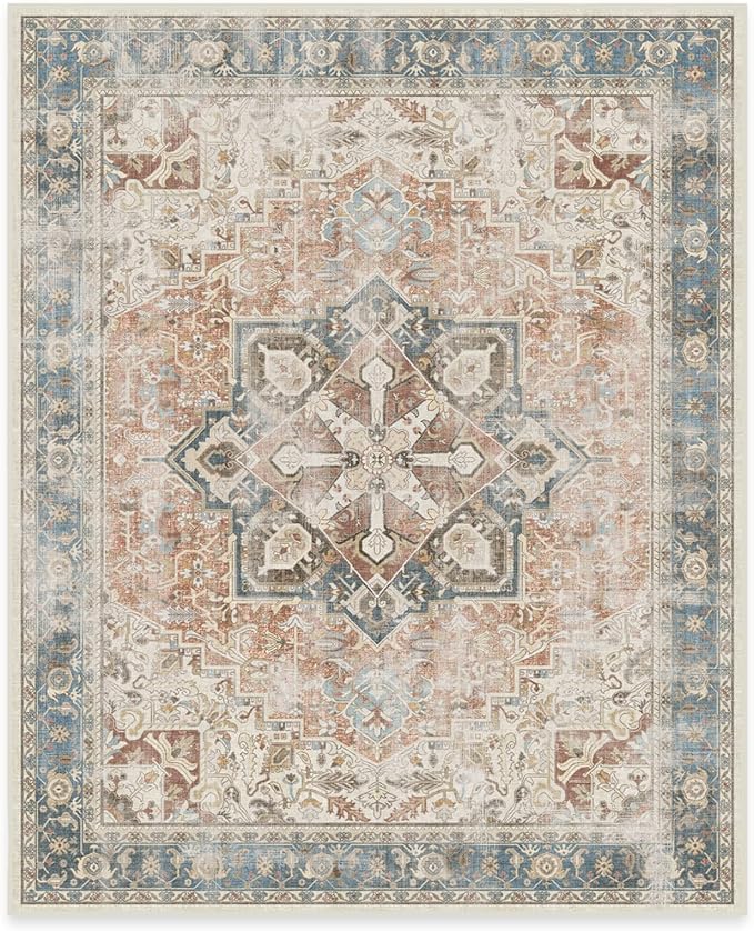 RUGGABLE Washable Vintage Area Rug – Kamran Coral 8x10, Stain-Resistant, Non-Slip – Large Machine Washable Rugs for Living Room, Bedroom, Hallway, Entryway & Office–with Standard Pad