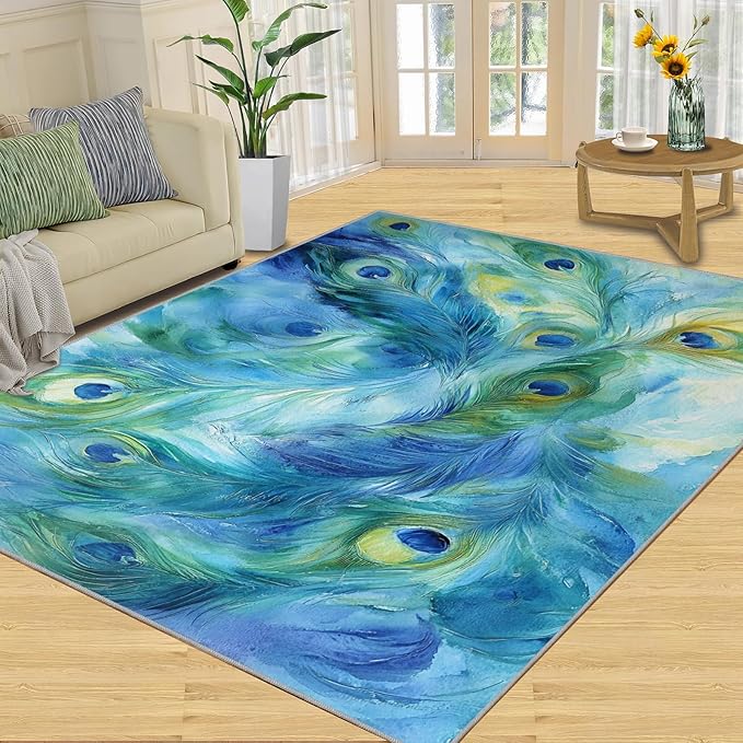 Peacock Feather Rug 6x8-6x8 Rug, Teal Turquoise Area Rugs for Bedroom, Malachite Green Feather Rugs for Living Room, Peafowl Washable Mat, Peacock Feather Carpet - Peafowl Home Decor & Gifts