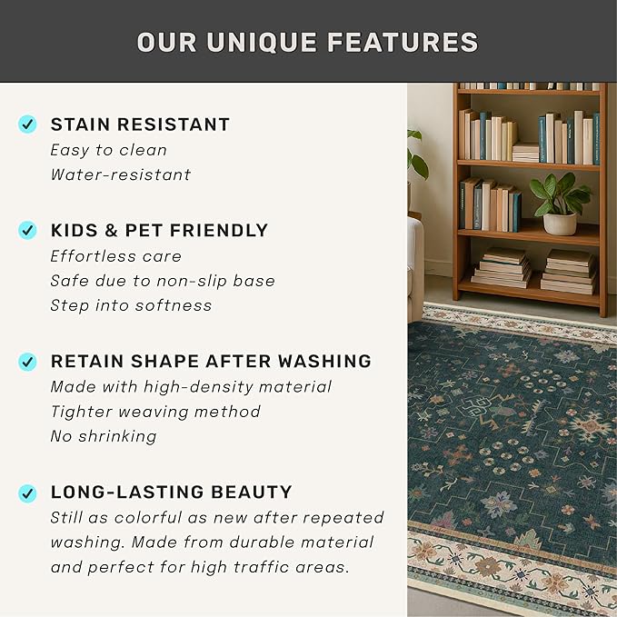 Dark Green Oushak 5x7 Living Room Rug - Modern Vintage Boho Eclectic Floral Pastel, Washable Low Pile Non-Slip Large Area Rugs for Nursery Dining Under Table Bedroom Lounge