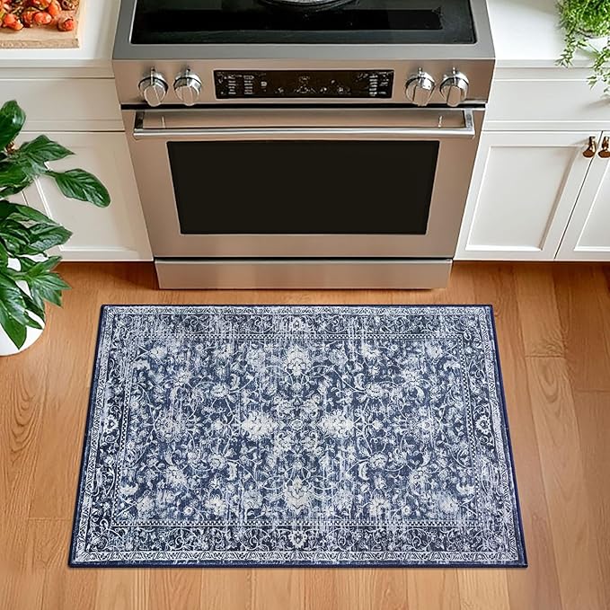 KILOCOCO Washable Rug 2x3 Rug for Entryway Printed Vintage Floral Soft Non-Slip Blue Kitchen Rugs Indoor Door Mat, Small Accent Throw Rugs for Laundry Room Bedroom Entrance