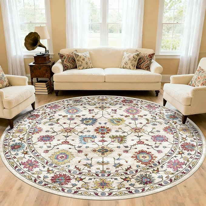 Washable Round Area Rug 8ft - Cream Colorful Traditional Floral Living Room Circle Rug 8x8 Non-Slip Vintage Bohemian Dining Room Carpet Soft Vintage Boho Round Rugs for Bedroom Office Entryway