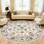 Washable Round Area Rug 8ft - Cream Colorful Traditional Floral Living Room Circle Rug 8x8 Non-Slip Vintage Bohemian Dining Room Carpet Soft Vintage Boho Round Rugs for Bedroom Office Entryway