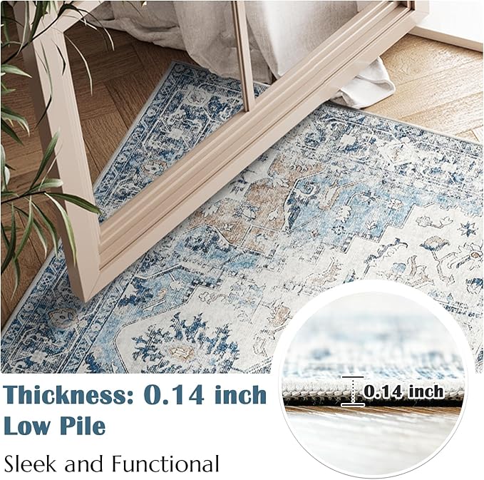 jinchan Kelda Area Rug 3x5 Washable Entryway Rug Vintage Indoor Doormat Distressed Thin Mat Lightweight Non-Slip Stain Resistant Low Pile Carpet for Kitchen Living Room Bedroom Dining Room Office Blue