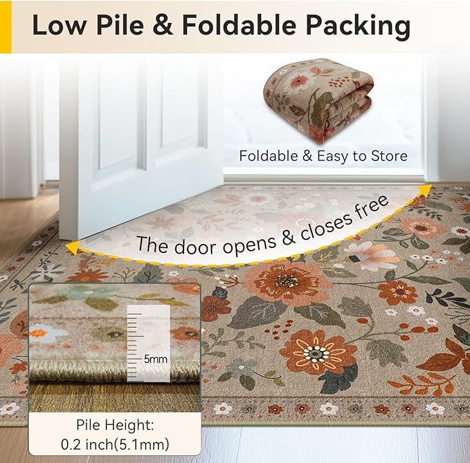 Floral 8x10 Area Rug Machine Washable Soft Print Boho Carpet Non Slip Doormat Low Pile Flower Area Rugs for Living Room Bedroom Nursery Kitchen Dining Room Indoor-Brown/Brick