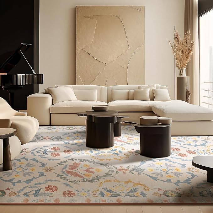 Phantoscope Washable Area Rug 5'x7' Non-Slip, Vintage Floral Boho Rugs for Living Room, Bedroom, DiningRoom, Soft Botanical Moroccan Pattern, Low-Pile Foldable Floor Carpet, Ivory Pink/Boho Garden