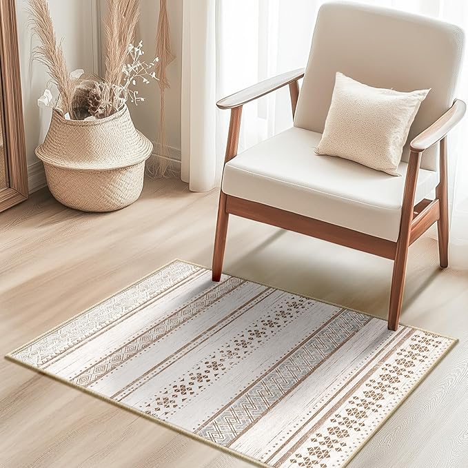BESTSWEETIE 2x3 Area Rugs for Living Room Washable Moroccan Farmhouse Neutral Geometric Low Pile Non-Slip Soft Print Pattern Rug for Bedroom Kitchen Dining Room Entryway Cream/Brown/Pink