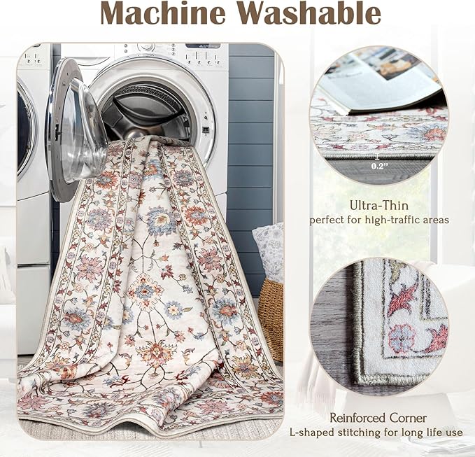 Washable Area Rug 5x8 - Boho Living Room Rug Soft Farmhouse Bedroom Rug Ultra-Thin Cream Colorful Vintage Traditional Floral Dining Room Rugs for Under Table Indoor Carpet for Living Room