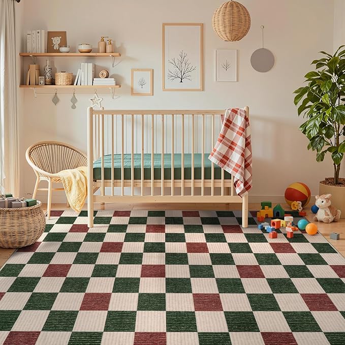 LIVEBOX 8x10 Area Rugs for Living Room Clearance, Checkered Non-Slip Washable Rugs, Farmhouse Neutral Classic Pattern Boys Area Rug for Bedroom, Carpet for Dining Room(Red,8'x10')