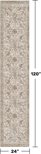 Boho 2x10 Moss Green Hallway Runner Rug 10 ft, Washable Extra Long Runner Rugs for Entrance Floor, Stain Resistant Vintage Brown Taupe Floral Design Carpet for Kitchen, Low Pile & Soft