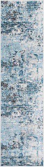 Rugs.com Leipzig Collection Rug – 8 Ft Runner Blue Low-Pile Rug Perfect for Hallways, Entryways
