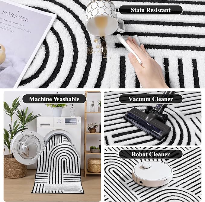 SHACOS Soft Cozy Fluffy Arch Pattern High Low Pile Rugs 3'x5' Non Slip Washable Scandinavian Minimalist Rug Modern Geometric Arc Carpet for Living Room Bedroom Dining Room, Black White