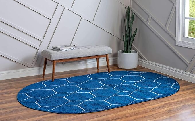 Unique Loom Trellis Frieze Collection Area Rug - Geometric (5' x 8' Oval, Navy Blue/ Ivory)