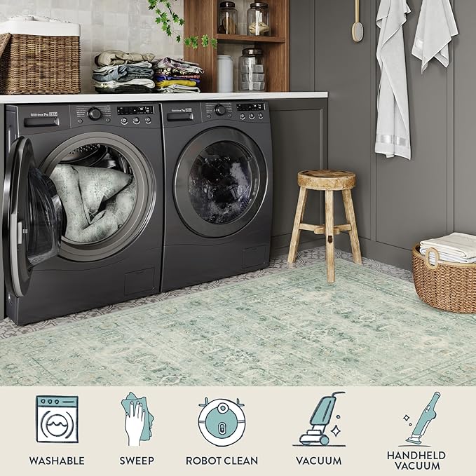 Lahome Vintage 8x10 Washable Green Rugs for Living Room Bedroom, Boho Dining Room Rugs for Under Table, Soft Non Slip Indoor Throw Carpet for Home Office Playroom (8x10ft,Light Green)