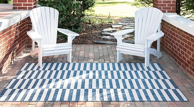 Unique Loom Outdoor Striped Collection Area Rug - Striped (4' 1" x 6' 1" Rectangle, Blue/Ivory)