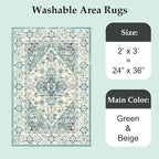 VK VK·LIVING Entryway Washable Rug 2'x3' Small Boho Bathroom Throw Area Rug Non Slip Doormat Indoor Front Door Machine Washable Carpet for Bathroom Kitchen Vintage (Green Beige)