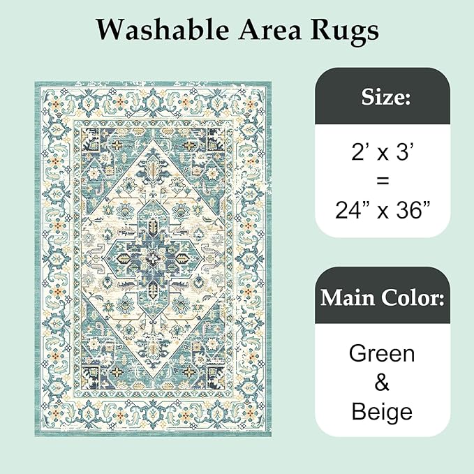 VK VK·LIVING Entryway Washable Rug 2'x3' Small Boho Bathroom Throw Area Rug Non Slip Doormat Indoor Front Door Machine Washable Carpet for Bathroom Kitchen Vintage (Green Beige)