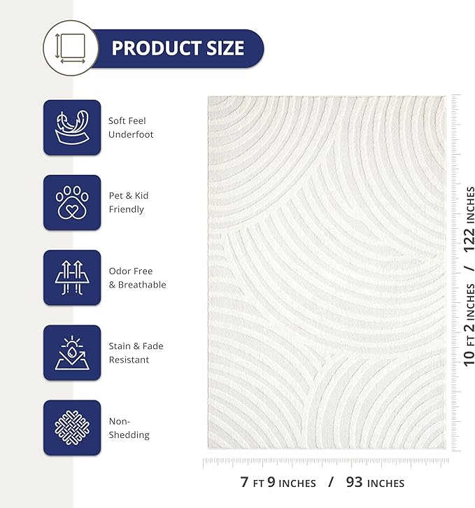Abani Nomad Cream Tone-on-Tone Area Rug 8' x 10' for Living Room, Bedroom - Linear Curves Pattern - Durable & Easy to Clean