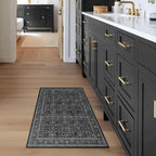 Charcoal Black Entryway Rug Indoor, 2x3 Small Door Rugs for Entry Way/Kitchen/Bathroom, Washable Non Slip Low Pile Thin Door Mat Indoor Entrance, Vintage Retro Dark Rug with Decorative Fringe