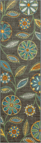 Maples Rugs Reggie Floral Runner Rug - Made in USA - Washable, Non Slip Indoor Carpet for Kitchen, Hallway, and Laundry Room, 2' x 7', Dark Grey