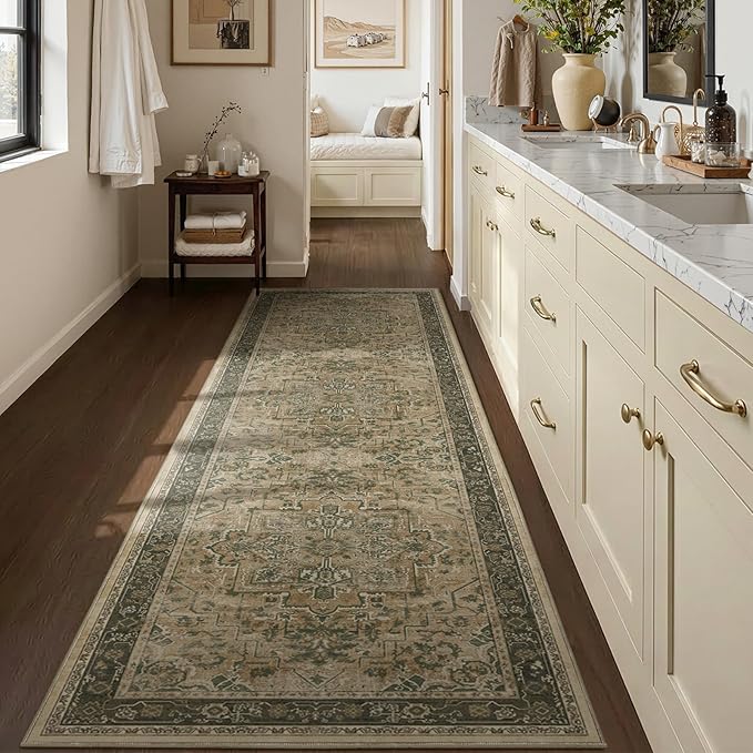 Retro 3x8 Rug Runners for Entryway Non Slip, Distressed Medallion Carpet Runners for Hallway 8ft, Low Pile Thin Runner Rug Non Slip Washable for Kitchen/Foyer/Mudroom/Bedroom, Multi Brown/Olive