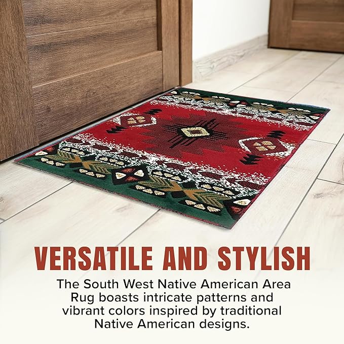YHSF South West Native American Area Rug C318 - Easy Clean, Thick, Soft, Durable Native Tribal American Indian Inspired Rug for Bedroom/Living Room and More - Red, 8 Feet x 10 Feet