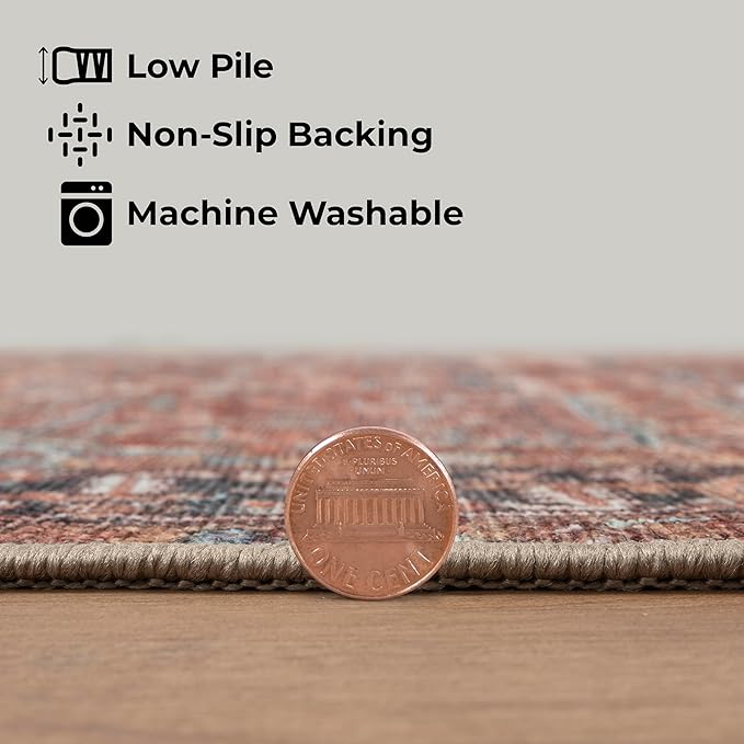GLN Rugs Traditional Collection - Machine Washable Area Rug, Traditional Washable, Non Slip, Low Pile Chenille Rug, Living Room, Bedroom, Kitchen Rug (6' x 9' Terra/Multicolor 1168)