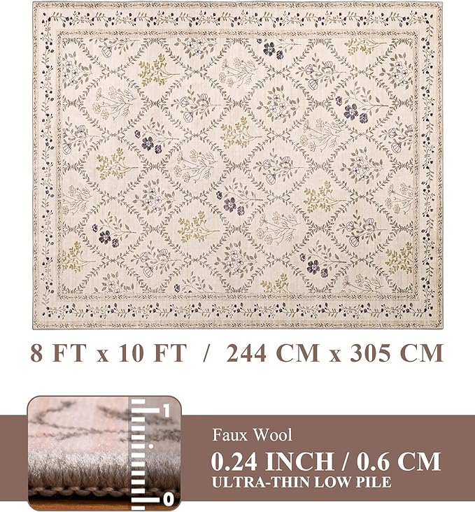 YIHOUSE 8x10 Washable Rug for Living Room, Beige Floral Rugs for Bedroom Boho Area Rug Non Slip Ultra-Thin Large Rug for Kids Playroom, Classroom, Girls Dorm, Nursery, Beige Multi