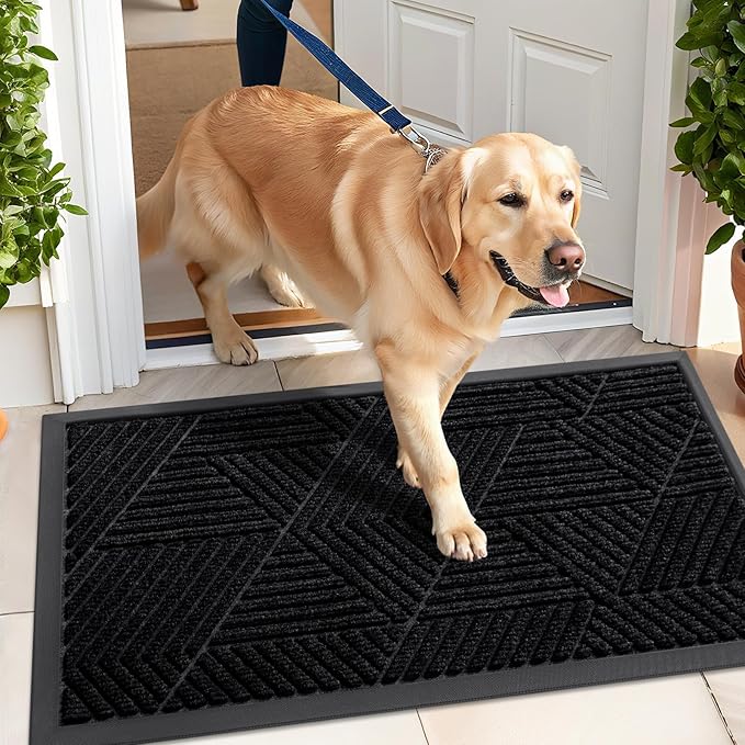 Kitinjoy Front Door Mat Outside Entrance, Sturdy Natural Dirt Trapper, Heavy Duty Rubber Doormat, Low Profile Non-Slip Backing, Easy Clean Floor Mat for Indoor Outdoor Entry, 29.5X17 Inch, Black