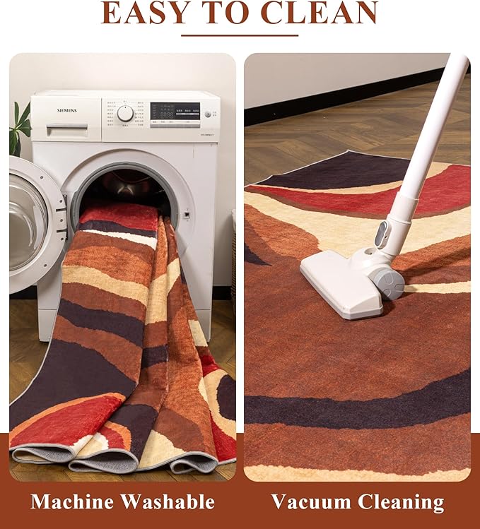 YIHOUSE Burnt Orange Runner Rug 2x6 for Hallway,Farmhouse Brown Retro Carpets Washable,Geometric Abstract Wavy Rug,Unique Colorful Rugs for Dining Room,Kitchen,Bedside Rugs