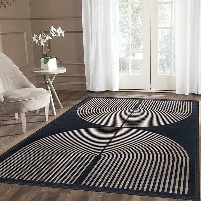 Modern Rainbow Area Rug 3x5 Black Soft Non-Skid Washable Indoor Outdoor Rug, Abstract Living Room Bedroom Carpet for Home Office Patio