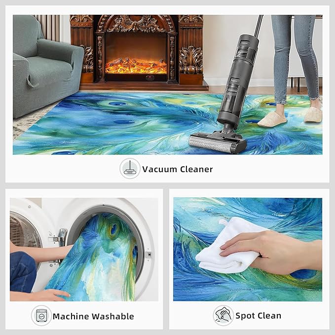 Peacock Feather Rug 3x5-3x5 Rug, Teal Turquoise Area Rugs for Bedroom, Malachite Green Feather Rugs for Living Room, Peafowl Washable Mat, Peacock Feather Carpet - Peafowl Home Decor & Gifts