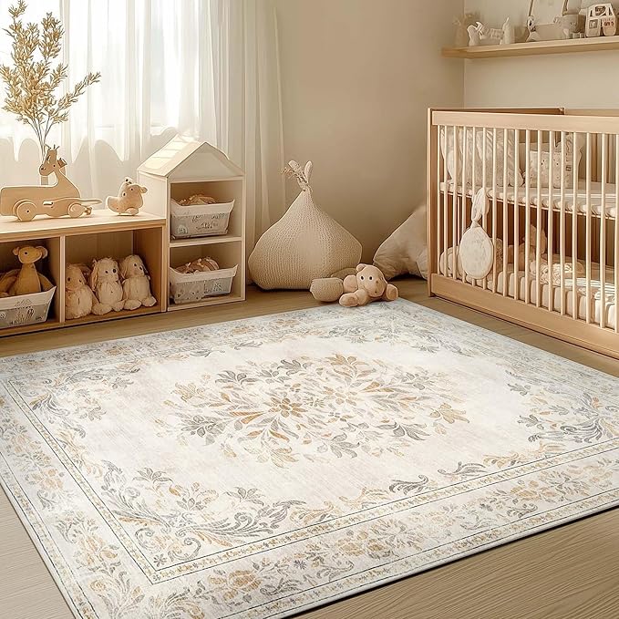 jinchan Vintage Floral 4x6 Area Rugs - Machine Washable Distressed Design Soft Ultra-Thin Low-Pile Non-Slip Carpet for Entryway Kitchen Bedroom Nursery Living Room Dining Room (4x6ft, Light Grey)