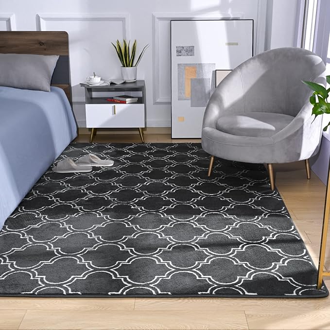 Amearea Fluffy Indoor Trellis Rug, Soft Moroccan Home Rugs for Bedroom, Shag Modern Area Rug for Living Room Kids Room Nursery, Indoor Easy Clean Low Pile Rug Carpet, Dark Grey 4x6 Feet