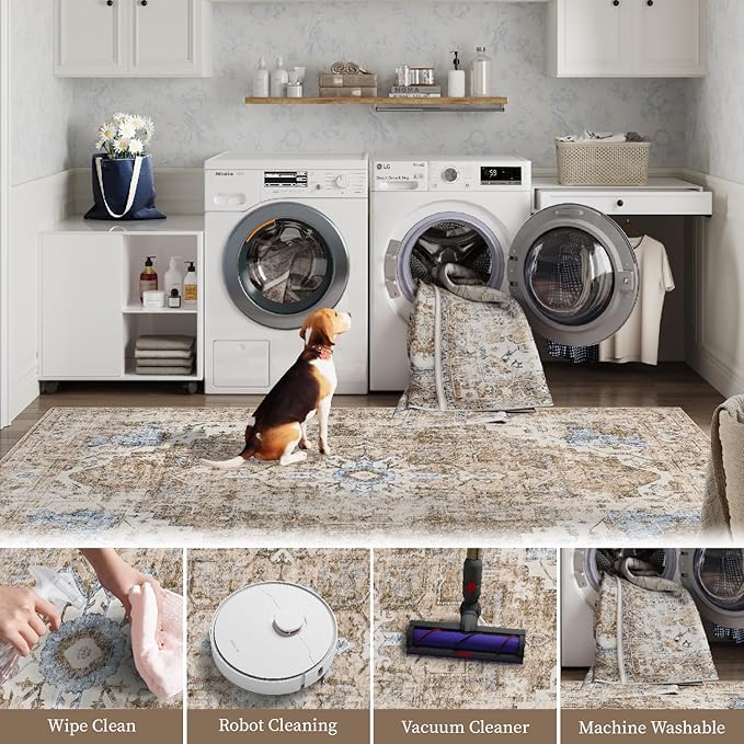 jinchan Kelda Area Rug 4x6 Washable Bedroom Rug Vintage Soft Indoor Floor Cover Retro Distressed Mat Accent Lightweight Non-Slip Thin Carpet for Kitchen Bathroom Living Room Brick Red