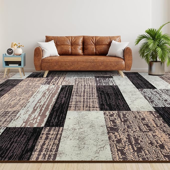 Large Area Rugs,Modern Geometric Patchwork Floor Decor for Bedroom Aesthetic Carpet, Rockwood Collection, Indoor Rugs for Living Room Dining Room Nursery Office Machine Washable Rug, 5x8 Ft Chocolate