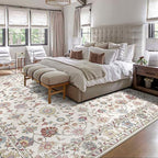 Area Rugs 9x12 Living Room - Large Washable Cream Boho Rugs for Bedroom Soft Vintage Rug Ultra-Thin Colorful Traditional Floral Carpet Farmhouse Rug for Dining Room Guest Room Home Decor
