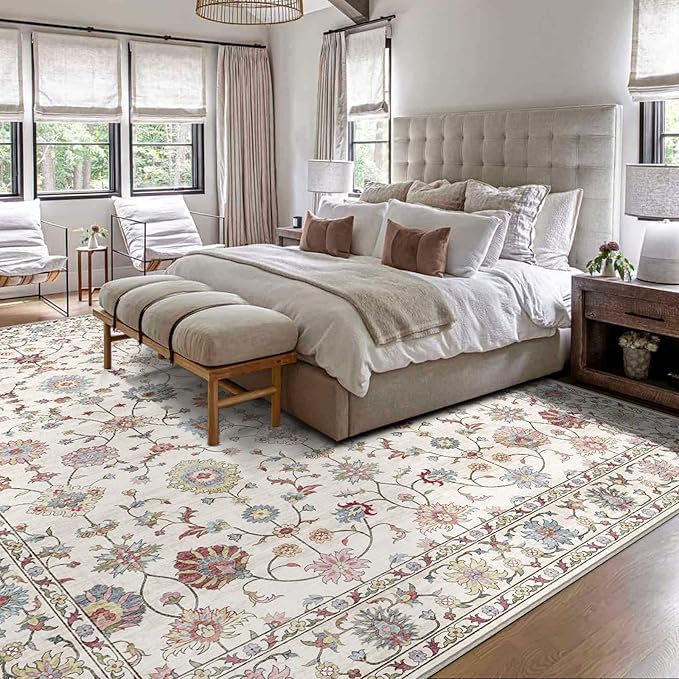 Area Rugs 9x12 Living Room - Large Washable Cream Boho Rugs for Bedroom Soft Vintage Rug Ultra-Thin Colorful Traditional Floral Carpet Farmhouse Rug for Dining Room Guest Room Home Decor