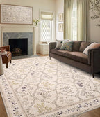 YIHOUSE Beige Floral Print Rugs, Moroccan Trellis 9x12 Washable Large Rug, Modern Pastel Non Slip Ultra-Thin Area Rug for Classroom, Nursery Playroom,Dorm,Bedroom,Living Room, Beige Multi