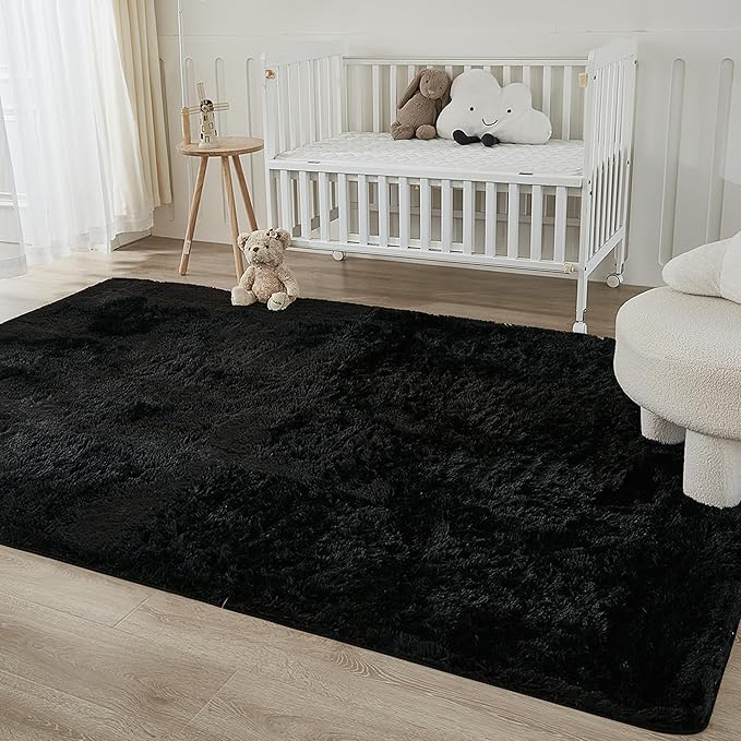 Andency 8x10 Area Rugs for Living Room, Black Non-Slip Fluffy Soft Large Shag Bedroom Carpet, Big Indoor Thick Nursery Rug for Kids Dorm Home Decor Aesthetic