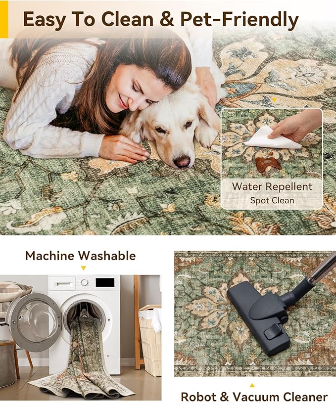 Area Rugs 7'x9' Washable Non-Slip, Floral Vintage Distress Print Pattern Medallion Carpet for Living Room Bedroom Dining Room, Brick Red Rust Neutral Brown Burnt Orange Green
