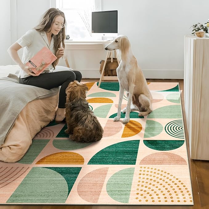 MUJOO Green Rug Boho Washable,6x9 Area Rugs for Living Room Bedroom Dining Room,Large Throw Floor Carpet Non Slip Soft Modern Abstract Sage Green