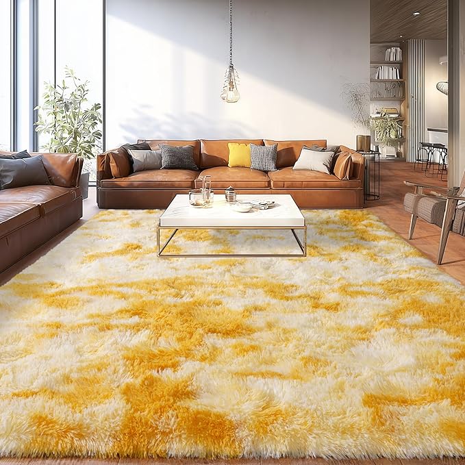 Extra Large Plush Rug High Pile Fluffy Rug for Living Room, Big Plush Non-Skid Shag Carpet, Soft Shaggy Rugs for Bedroom Indoor Modern Home Decor Tie Dye Yellow 9x12ft