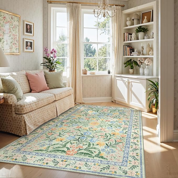 Lahome Sage Green 6x9 Bedroom Rugs, Boho Washable Rugs for Living Room, Soft Wool Carpet for Nursery, Vintage Low Pile Carpet for Kids Playroom Girls, Tea Green
