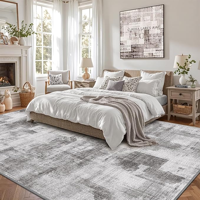 LUMI 5x8 Washable Area Rug for Living Room, Ultra Soft Modern Neutral Grey Rugs Non Slip with Rubber Backing, Low Profile, High Traffic, Stain Resistant Carpets, Ideal for Bedroom, Dining Room