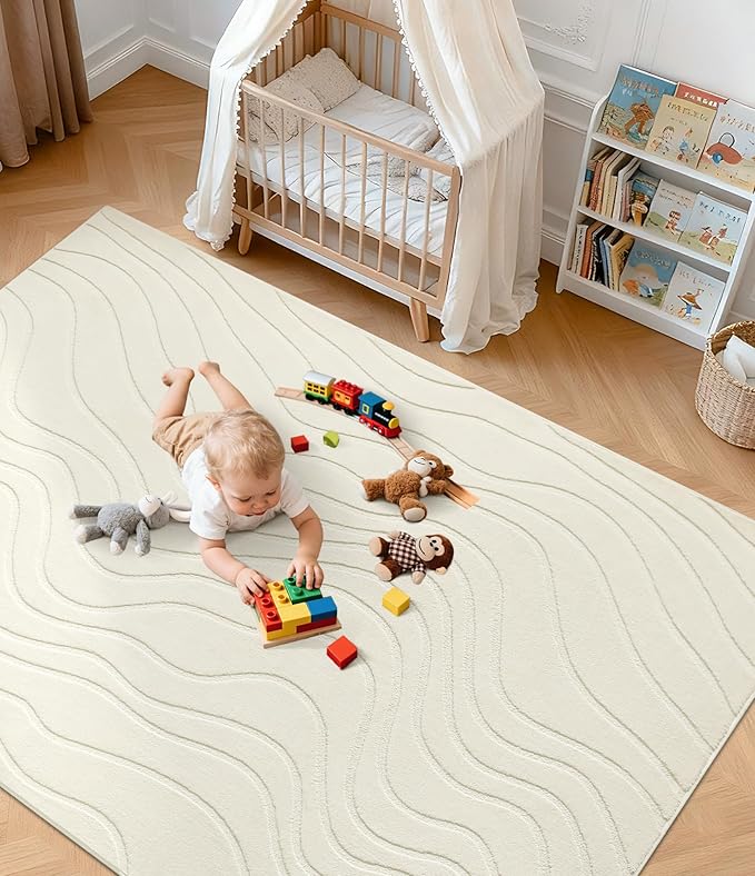 YIHOUSE 5x7 Abstract Line Area Rug, Modern Washable Stain Resistant Rugs Non Slip, Soft Indoor Floor Carpet for Living Room, Bedroom,Dining Room, White