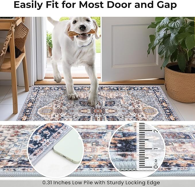 KOZYFLY Small Area Rug 2x3 Ft Rugs for Entryway Washable Boho Entry Rug Non Slip Door Mat Indoor Entrance Faux Wool Vintage Printed Kitchen Rug Throw Rugs for Entrance Kitchen, Blue Gray/Cream