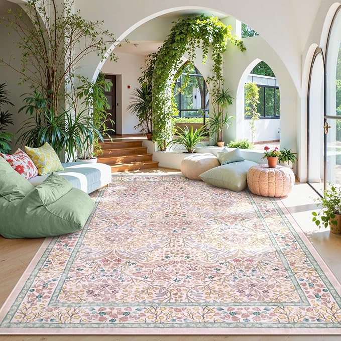 Lahome Floral Washable Rugs 8x10, Soft 8x10 Area Rugs for Living Room Bedroom, Boho Non-Slip Pink Forest Design Large Throw Carpet for Farmhouse Dining Room Office, Pink